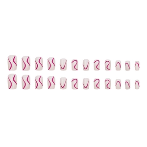 Medium length press-on nails with cream base and pink abstract wave patterns