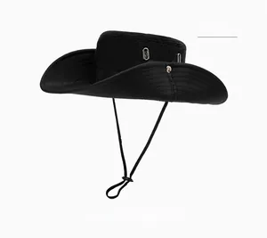 Macro view of water-resistant black outdoor sun hat with wide brim and adjustable chin strap