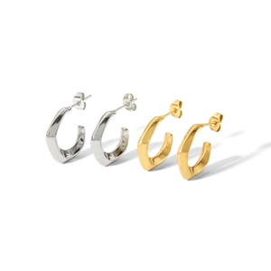 Polished 18K gold and silver stainless steel geometric C-shaped hoop earrings