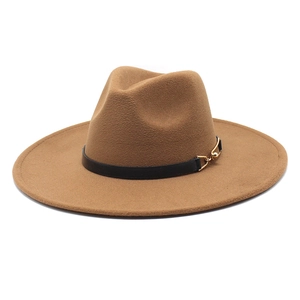 Detailed side view of camel fedora with black leather band and gold metal buckle