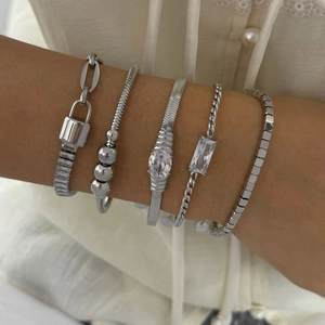 Five-piece set of silver stainless steel bracelets with zircon stones and various chain styles