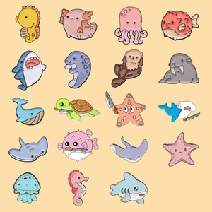 Cartoon ocean creature enamel pins featuring colorful whale, sea turtle and starfish