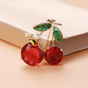 Cherry Bee Brooch Pin Red Zircon Green Enamel Artificial Pearl Gold Plated Brass Fashion Jewelry For Women