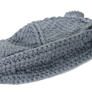 Thick dark grey crochet knit hat with cute ox horn design and warm chunky yarn texture