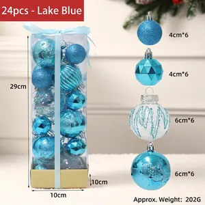 Detailed view of 24pcs lake blue Christmas ornaments with size and weight parameters