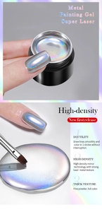 Macro shot of high-density laser silver painting gel for nail art with mirror finish