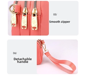 Macro detail of smooth golden zippers and detachable strap on pink nylon bag