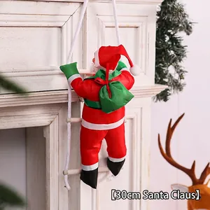 Detailed view of a 30cm Santa Claus figure climbing a rope ladder with a green gift bag