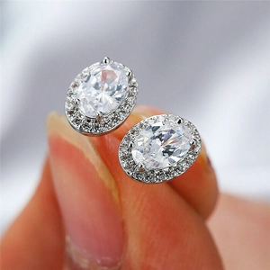 Oval Halo Stud Earrings Copper Cubic Zirconia Inlaid Elegant Jewelry For Women Silver Tone