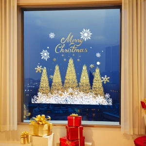 Christmas Tree Window Stickers Static Cling Gold Snowflake Glass Decals Merry Christmas Festive Home Shop Window Decoration