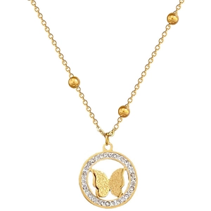 Minimalist gold titanium necklace with butterfly pendant in sparkling round diamond frame
