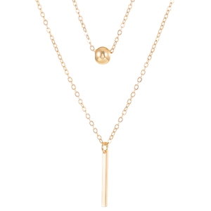 Double layered gold necklace with polished bead and geometric bar pendant for women
