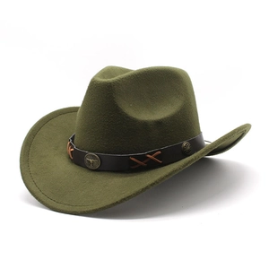 Classic dark green wool felt western cowboy hat with leather band and bull head buckle