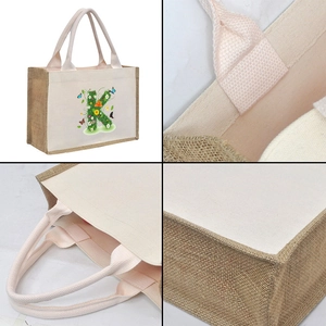 Detailed views of jute canvas tote bag showing handle stitching and material texture