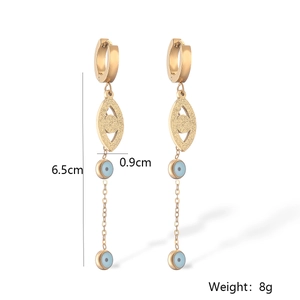 Detail view of gold evil eye chain earrings with 6.5cm length and 8g weight specs