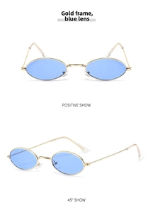 Detailed views of vintage oval metal sunglasses with gold frames and blue lenses