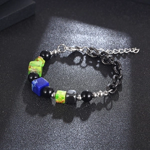 Vintage titanium steel square pearl bracelet with green and blue natural stone beads