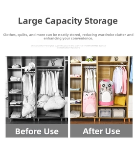 Before and after comparison of large waterproof drawstring quilt storage bags in closet