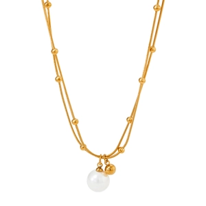 Double-layered gold beaded necklace with elegant white pearl pendant for women