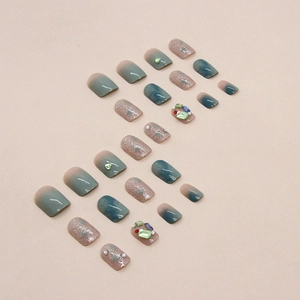 Morandi green and marble pattern press-on nails with sparkling rhinestones and star art