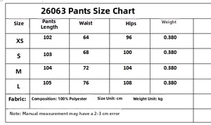 Tableau des tailles pour pantalon large avec mesures de longueur, taille et hanches en cm