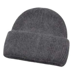 Winter plush knit wool beanie hat in dark grey with soft long-fiber textured finish