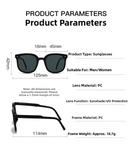 Detailed technical dimensions and PC material specifications of foldable kids sunglasses
