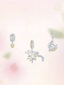 Detail of S925 silver Tree of Life and Mom heart charms with gold plating and zircons