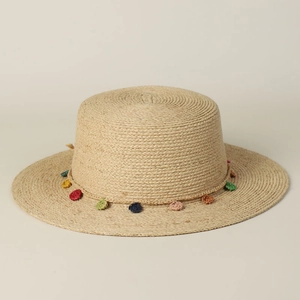 Detailed texture of raffia sun hat with colorful crochet flower decorations for women