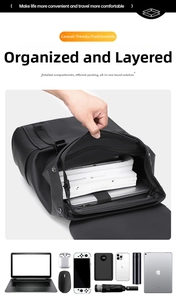 Detail of laptop backpack showing large storage capacity for laptop and electronic devices