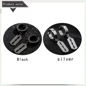 Punk style stainless steel razor blade drop earrings for men in black and silver