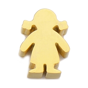 Detail of a gold cartoon girl pendant with polished metal texture and smooth edges