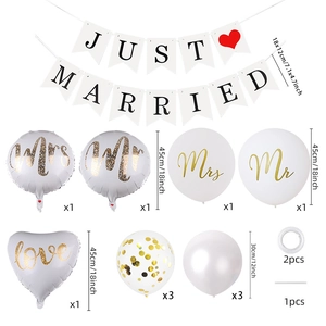 Wedding party decoration kit with Just Married banner and Mr and Mrs balloons set