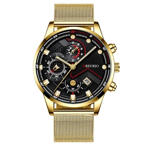 Men's business watch with black dial, gold stainless steel mesh band and calendar