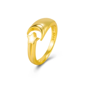 Elegant gold S925 sterling silver ring featuring a crescent moon and star open design