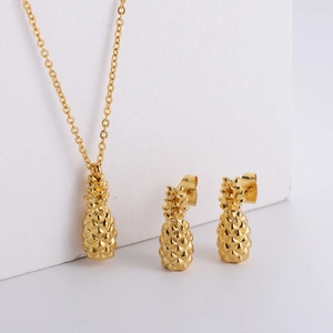 Pineapple Pendant Necklace And Stud Earrings 18K Gold Plated 316 Stainless Steel Tropical Fruit For Women