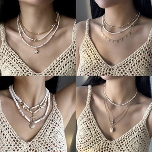 Collier Multicouche Bohème Bijoux De Plage D'été Pour Femmes Alliage Künstliche Perles De Rocaille Künstliche Perle Coquillage Pendentifs
