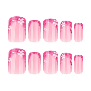 French rose pink glitter press-on nails with floral art and square round shape