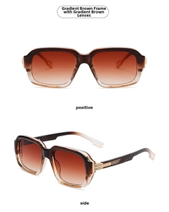Detail view of square pilot sunglasses showing side golden metal part and gradient tea lens