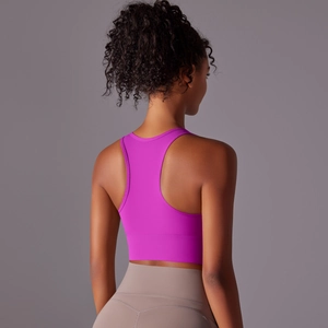 Detailed racerback design of the rose purple sports bra for yoga and fitness training