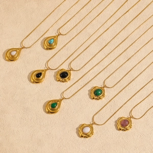 Golden stainless steel necklaces with natural stone pendants in various colors and shapes