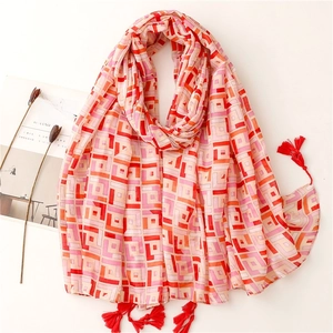 Long Scarf Shawl Polyester Geometric Pattern Tassels Lightweight Sun Protection Beach Travel Ethnic Style Women Soft