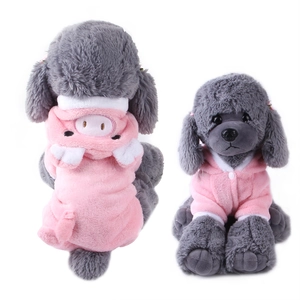 Pink coral fleece pig-themed dog costume showing front and back views on grey poodle