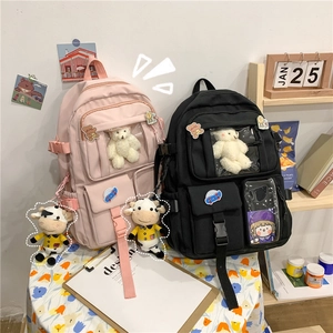 Zaino da scuola in stile coreano in nylon impermeabile con graziosi accessori di peluche