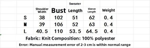 Detailed size guide and measurements for women casual knit sweater made of 100% polyester