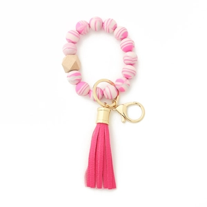 Pink marble silicone bead keychain bracelet with natural wood bead and leather tassel