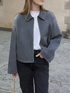 Giacca da donna grigia testurizzata con zip vestibilità casual per stile urbano
