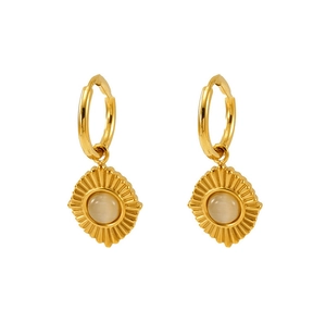 Detail of 18K gold-plated stainless steel hoop earrings with sunburst opal pendant charms