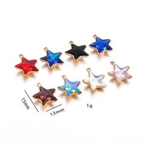 Colorful 15mm pentagram star glass charms with gold stainless steel frames for DIY jewelry