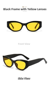 Front and side view of retro cat-eye sunglasses with thick black frames and yellow lenses